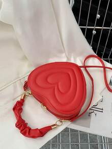 1只時尚前衛的純色心型pu皮革可調肩帶拉鍊風格女孩手提包,適合日常外出、搭配服裝和派對 - 紅色 - 查看 3