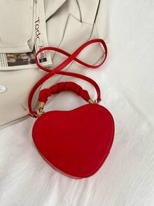 1只時尚前衛的純色心型pu皮革可調肩帶拉鍊風格女孩手提包,適合日常外出、搭配服裝和派對 - 紅色 - 查看 5