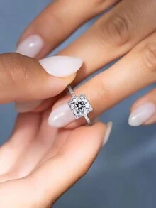 ESBERRY 1枚摩似龍鑽戒指,結婚戒指,女士 S925 純銀方形承諾戒指,永恆戒指,周年慶戒指,情人節優雅奢華的女士珠寶禮物,新娘珠寶。 - 銀色 - 查看 2