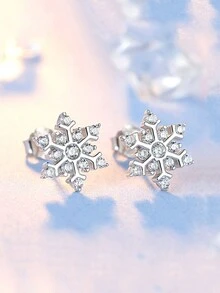 2入組優雅的925純銀雪花&方形氧化鋯石耳釘,適用於日常生活、派對、工作、聖誕節禮物 - 銀色 - 查看 2