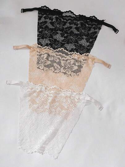 3pcs Women's Black, White & Beige Floral Lace Adjustable Anti-Slip Strapless Bralette And Removable Mock Collar Suitable For Daily Wear Elegant Valentine's Day Valentines