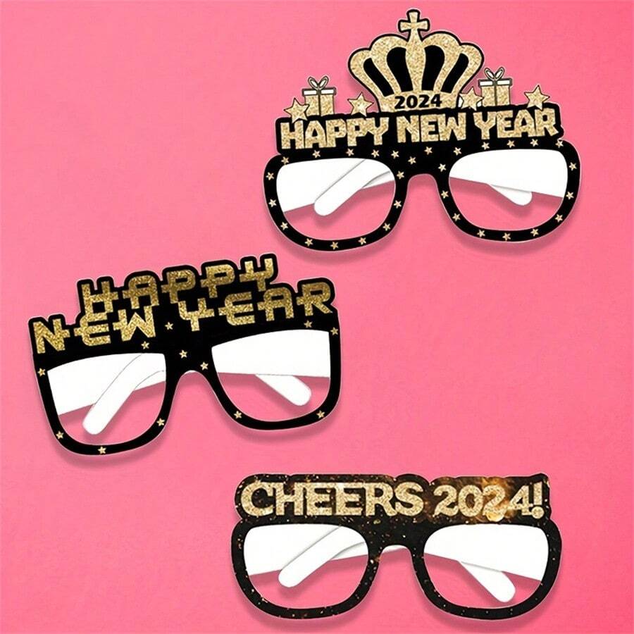 6入組2024年新年快樂紙質眼鏡,金黑色紙質面具,新年前夕派對裝飾小禮品照片道具派對禮物 - 黑色 - 查看 1