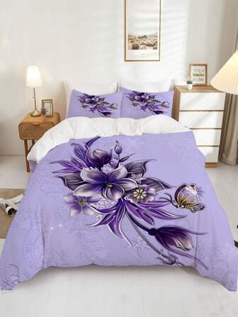 3pcs Purple Duvet Cover Set, Flower And Butterfly Pattern Bedding Set, Soft Duvet Cover For Bedroom, Guest Room (1*Duvet Cover + 2*Pillowcase, Without Core)