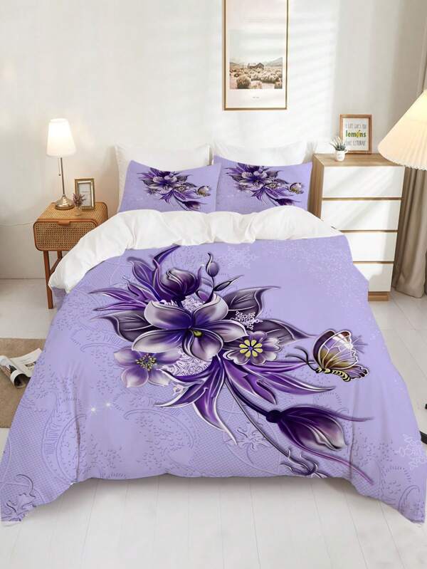 Juego De Funda Nórdica Morada De 3 Piezas Con Patrón De Flores Y Mariposas, Funda Nórdica Suave Para Habitación De Invitados O Cuarto De Dormir (1 Funda Nórdica + 2 Fundas De Almohada, Sin Relleno)