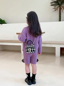 兒童格紋斜挎包秋冬必備,毛呢小女孩手提袋配鏈條和肩帶 - 黑色 - 查看 1