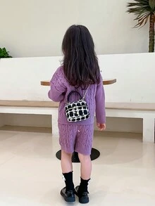 兒童格紋斜挎包秋冬必備,毛呢小女孩手提袋配鏈條和肩帶 - 黑色 - 查看 2