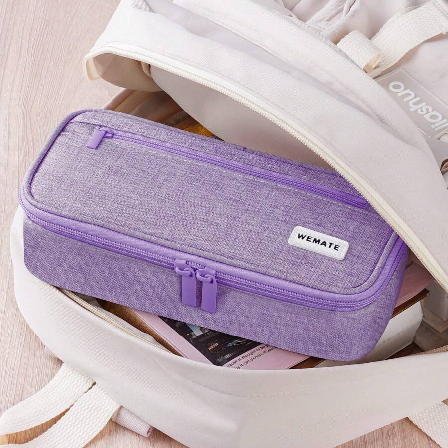 Large Pencil Case,Pencil Pouch With Zipper Compartments,Aesthetic Pencil Case For Adults,Stationery Pouch Pen Case For Office,Suitable For Junior High School Primary School Boys And Girls College Student - 淡紫色 - 查看 1