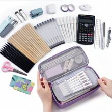 Large Pencil Case,Pencil Pouch With Zipper Compartments,Aesthetic Pencil Case For Adults,Stationery Pouch Pen Case For Office,Suitable For Junior High School Primary School Boys And Girls College Student - 淡紫色 - 查看 3