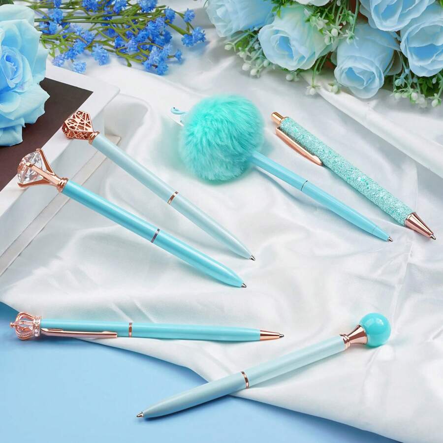 8Pcs Ballpoint Pens Set Purple Pens Set Purple Ballpoint Pen Bling In Black & Blue Metal Crystal Diamond Pen For Journaling Glitter Fancy Pens Gifts For Women Wedding Office,Suitable For Junior High School Primary School Boys And Girls College Student - 藍色 - 查看 1