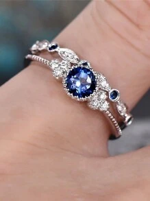 2 Pcs/Set Gorgeous S925 Sterling Silver Blue Cubic Zirconia Rings Wedding Jewelry For Women Fine Jewelry Valentine's Day Gift