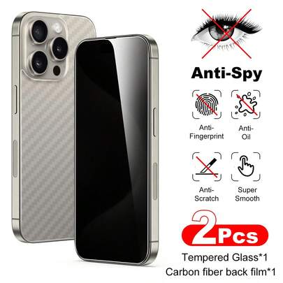 1 miếng dán màn hình chống nhìn trộm + 1 miếng phim sợi carbon mặt sau, chống bám vân tay và chống vỡ, tương thích với Apple dòng 6-17, 14 6.1", 13/13 Pro 6.1", 15/15 Pro Max, 16/16 Pro/16 Pro Max, 17/17 Pro/17 Pro Max, AIR