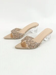 Women's Fashion Crystal Chunky Heel Mules Elegant Charming Slip-On Open Toe Sandals Sparkling Party Classic Glamorous Champagne Shoes - Champagne - View 8