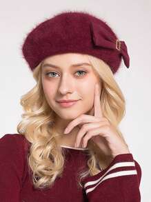 勃艮第纯色蓬松针织蝴蝶结贝雷帽女士秋冬优雅法国艺术家帽女孩英国画家帽无檐贝雷帽女士女式保暖帽 - 酒紅色 - 查看 1