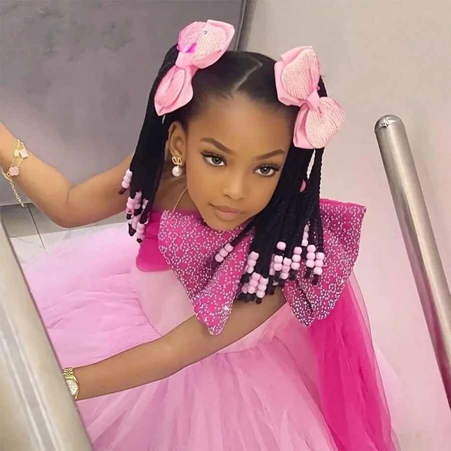 1入精美可愛的編織馬尾髮型增髮,帶珠子辮子假髮馬尾,帶蝴蝶結的可拆卸合成捲曲假髮,兒童防護簡易髮型(扭曲 - 6英寸)