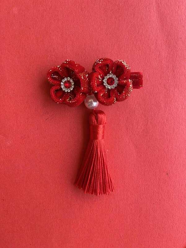 1pc Handmade Chinese Style Tassel & Pearl Hair Clip With Red Flower