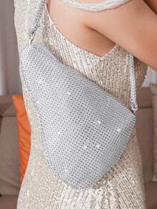 1pc Silver Evening Clutch Bag Adorned With Diamond Decor, Pear-Shaped, For Parties & Dance, Women'S Fashion Bag - Silver - View 8