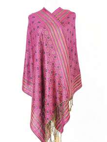 1pc Ladies' Multicolored Printed Jacquard Fringe Scarf Shawl, Suitable For Daily Commute And Outdoor - Hot Pink - View 1