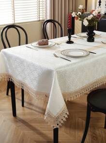 1pc Jacquard Satin Fabric Tablecloth With Exquisite Embroidery, Square, Rectangle, Anti-Dirty & Heat Insulation Dining Mat, Home Decoration For Family Gathering, Festival Party & Weddings - Khaki - View 1