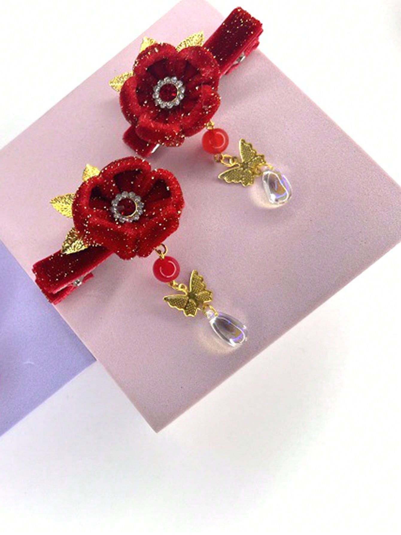 1pc Children'S Handmade Tassel & Pearl Hair Clip In Festive Red, Comes