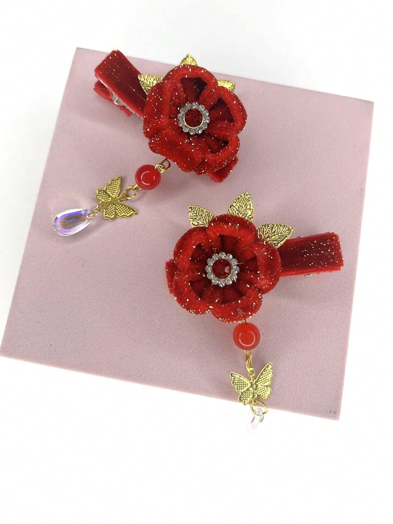 1pc Children'S Handmade Tassel & Pearl Hair Clip In Festive Red, Comes