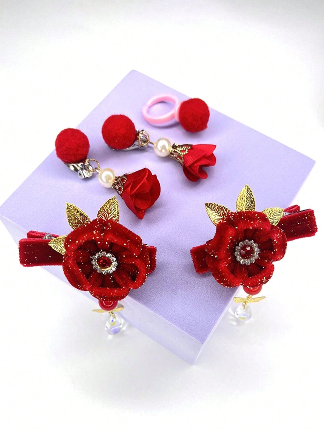 1pc Children'S Handmade Tassel & Pearl Hair Clip In Festive Red, Comes