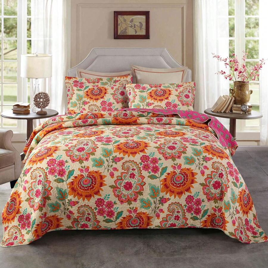 Qucover Tagesdecke Baumwolle 230x250 cm Bettüberwurf 220x240 Doppelbett Sofa Überwurf mit Paisley Sonnenblume Muster Gesteppte Decke in Vintage Stil - Verschiedenfarbig - Übersicht 1