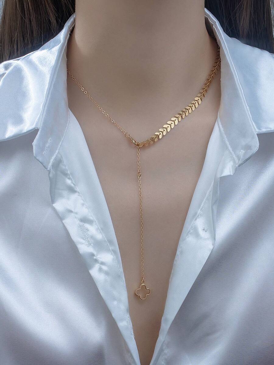 1入流行時尚簡約金屬雕花葉子&愛心形吊墜項鏈與鍊子,適合女性日常佩戴,情人節禮物,約會配件 - 四葉草 - 查看 1