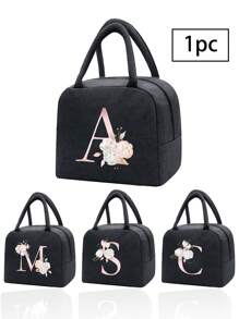 1 pezzo Borsa termica, Borsa termica per il pranzo, Borsa frigo per ragazzi e ragazze, Borsa a mano, Lunch box, Borsa per il ghiaccio, Borsa per il cibo da picnic, Lunch box con motivo floreale e lettera, Borsa per il pranzo in tela leggera e portatile, Borsa per il pranzo per scuola, ufficio, picnic (Nero)
