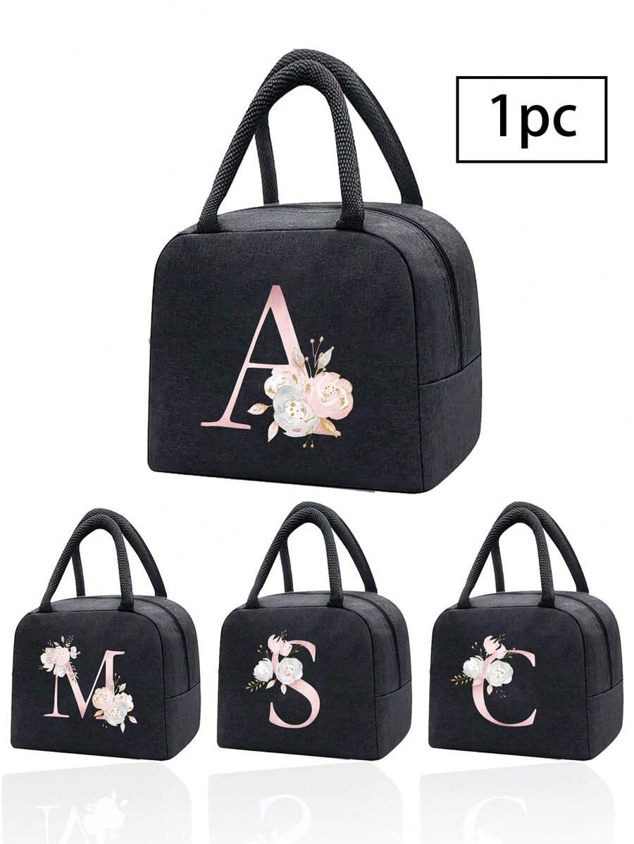 1 pezzo Borsa termica, Borsa termica per il pranzo, Borsa frigo per ragazzi e ragazze, Borsa a mano, Lunch box, Borsa per il ghiaccio, Borsa per il cibo da picnic, Lunch box con motivo floreale e lettera, Borsa per il pranzo in tela leggera e portatile, Borsa per il pranzo per scuola, ufficio, picnic (Nero)