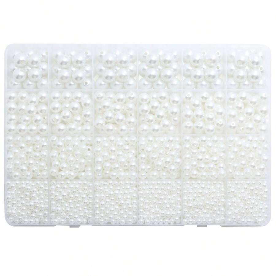 1box White Faux Pearl Beads Set In 24 Compartment Container, 4-10mm, 1800pcs, Suitable For Clothing Sewing, Women's Fashionable Jewelry Handmade Diy Beading