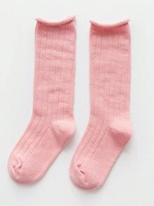 1雙秋冬季糖果色滾邊童襪,適合日常使用 - 粉色 - 查看 1