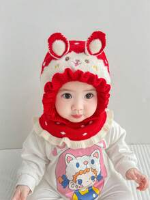 寶寶帽子圍巾套裝可愛中性冬季保暖針織耳瓣帽風帽圍巾套,適合1-3歲的嬰兒頭圍46-50cm - 紅色 - 查看 4