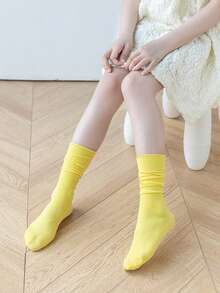 春夏季兒童襪子,女孩薄堆襪,糖果色捲邊中筒松軟袜子 - 黃色 - 查看 2