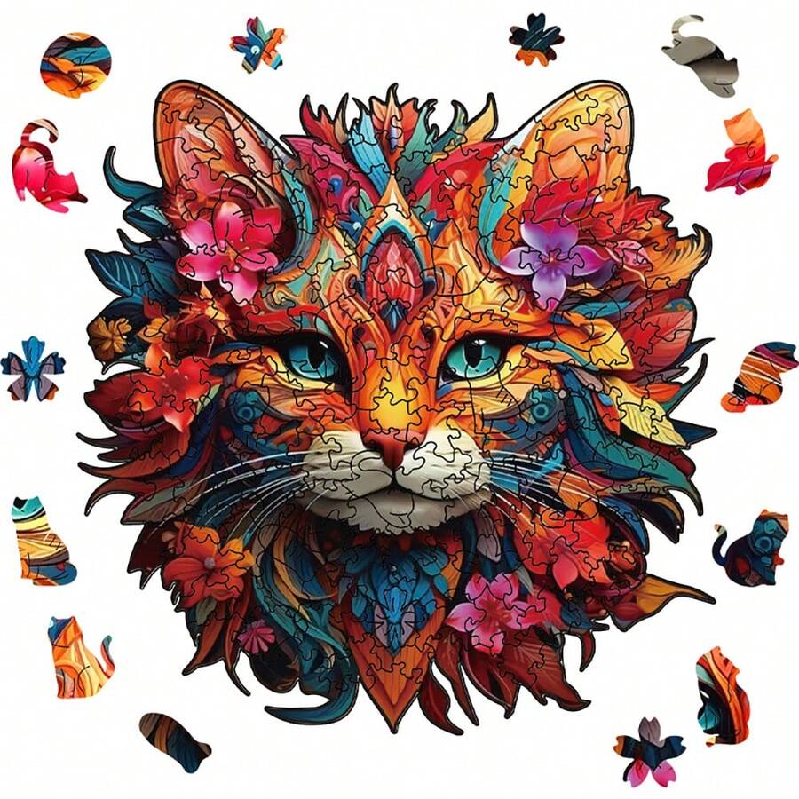 美麗的貓咪木質拼圖,獨特的動物造型彩色拼圖工藝品,儲藏盒裝作為朋友的禮物,精美禮物 - 彩色 - 查看 1