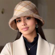 LACE MONDE Phong cách Nhật  Len Mũ xô Đối với phụ nữ , Mùa thu Mùa Đông Mũ len , Với Dệt Kiểm tra Mẫu Và Không có Lót - Màu Khaki - Xem 2
