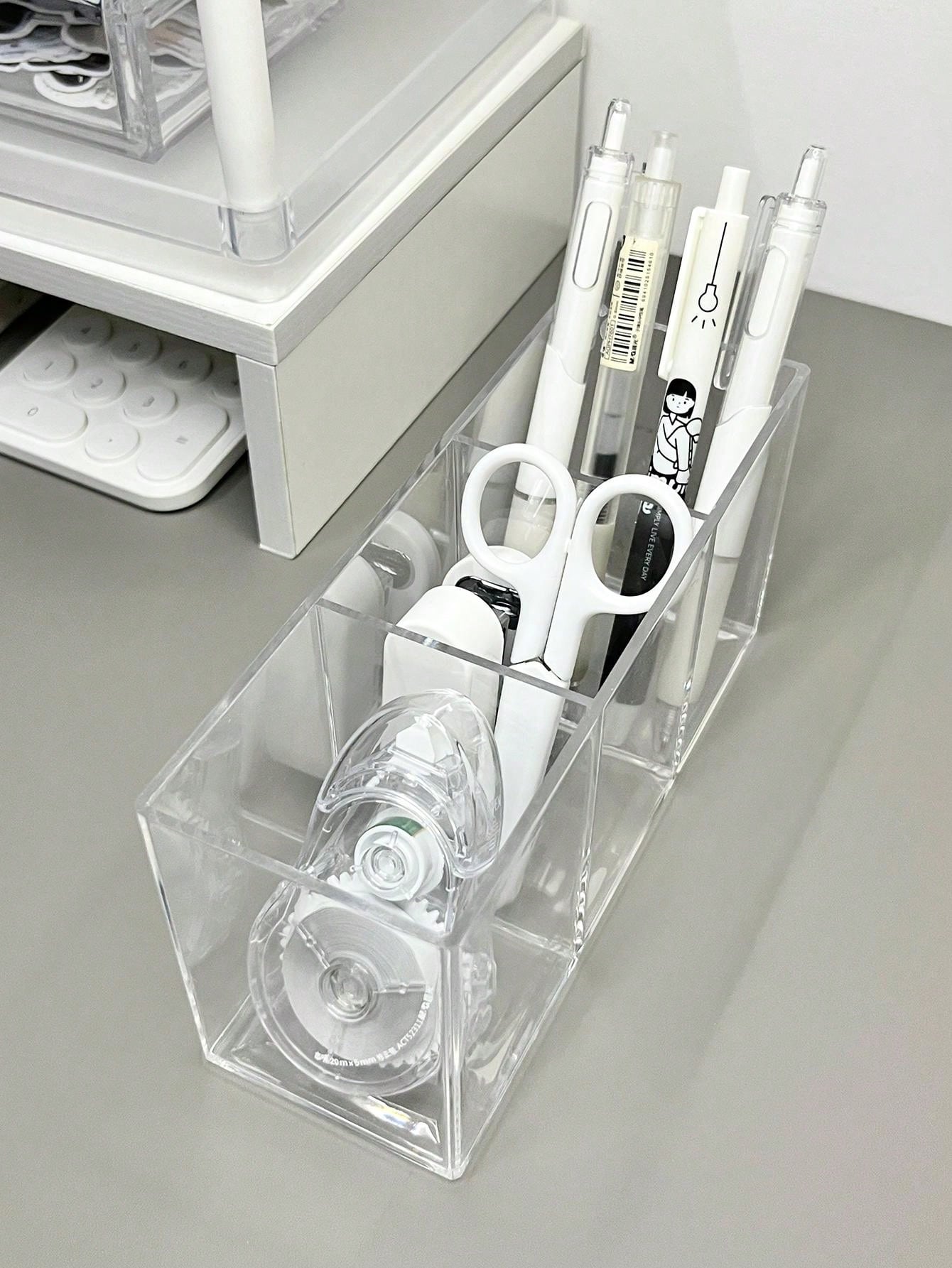 1pc Pen Holder 3 Compartments, Clear Pencil Holder Organizer For Desk