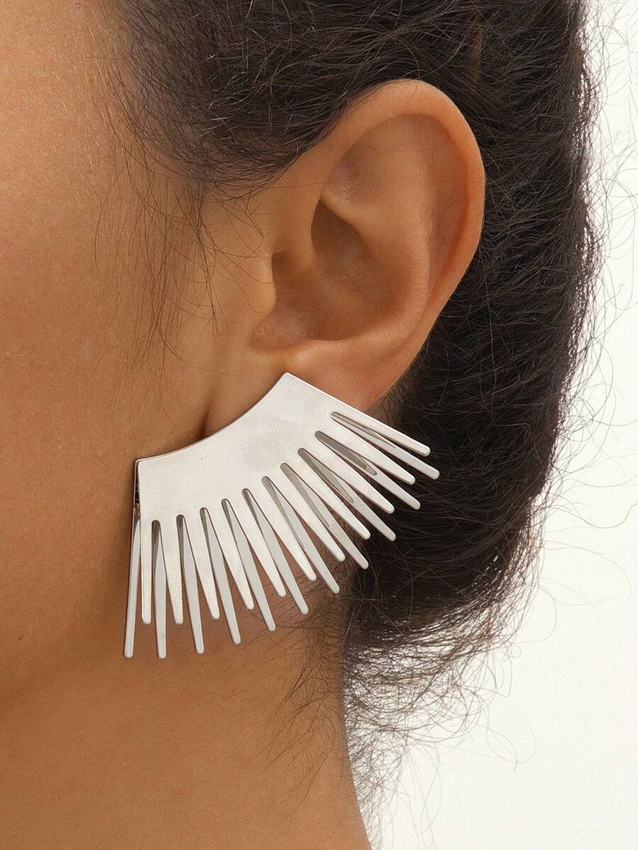 1pair Fashionable Geometric Double Comb Shaped Punk Style Ear Studs, Perfect For Daily Wear For Women - Silver - View 1