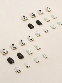 24片短方形茶棕乳牛紋太妃糖美甲珍珠愛心鑽石款耐磨美甲美白假指甲成品指甲配一塊果凍膠和銼刀 - 彩色 - 查看 2