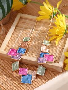 1套復古多彩幾何方形搪瓷項鍊和耳環套裝,女性節日珠寶 - 幾何 - 查看 9