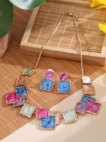 1套復古多彩幾何方形搪瓷項鍊和耳環套裝,女性節日珠寶 - 幾何 - 查看 1