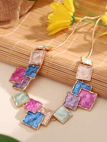1套復古多彩幾何方形搪瓷項鍊和耳環套裝,女性節日珠寶 - 幾何 - 查看 5