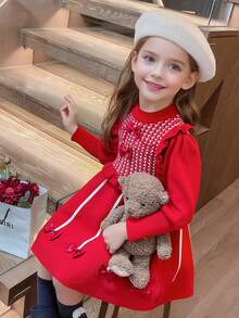 1入組女童格紋連身毛衣裙，帶蝴蝶結裝飾 - 紅色 - 查看 5
