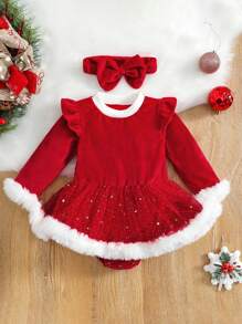 女嬰網紗拼接荷葉邊連體衣和頭巾 - 紅色 - 查看 1