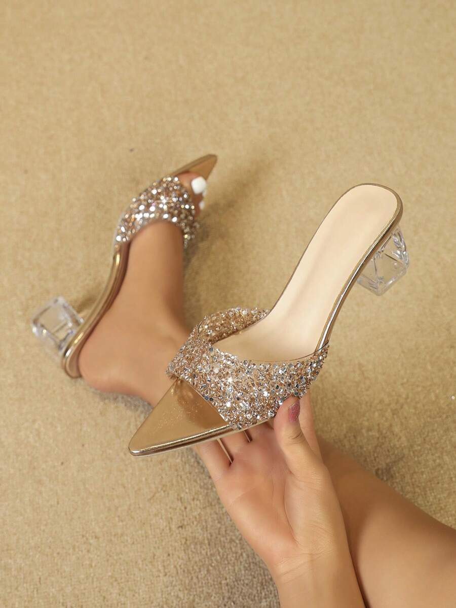 Women's Fashion Crystal Chunky Heel Mules Elegant Charming Slip-On Open Toe Sandals Sparkling Party Classic Glamorous Champagne Shoes