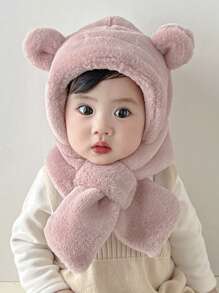 1 Miếng Em bé Mùa Đông Mũ Khăn quàng cổ Bộ Với Gấu Đôi tai , Sang trọng , Dày lên , Giữ ấm , Tai Người bảo vệ , Thích hợp Đối với Hằng ngày Các hoạt động ngoài trời Và Thời tiết lạnh - Hồng - Xem 1