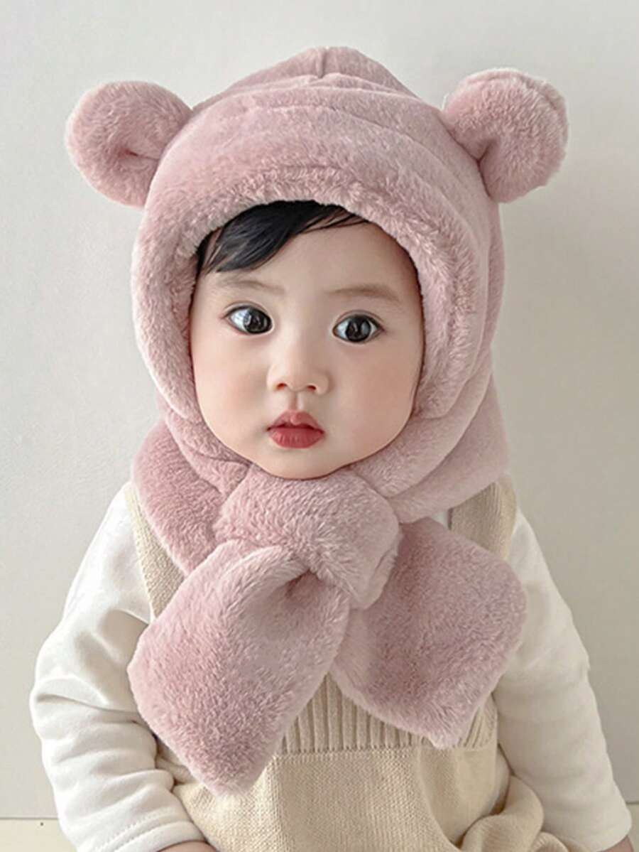 1 Miếng Em bé Mùa Đông Mũ Khăn quàng cổ Bộ Với Gấu Đôi tai , Sang trọng , Dày lên , Giữ ấm , Tai Người bảo vệ , Thích hợp Đối với Hằng ngày Các hoạt động ngoài trời Và Thời tiết lạnh - Hồng - Xem 1