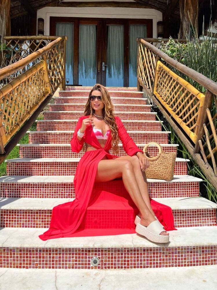 Saída de Praia Tule Elegancy Romã - Caqui - Visão 5