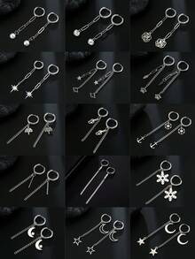 1對不鏽鋼人工珍珠、水晶鑲嵌、星星、月亮、鐵錨、雪花、音符、星球吊墜耳環，優雅迷人的女士聖誕禮物 - 垂墜耳環 - 查看 2