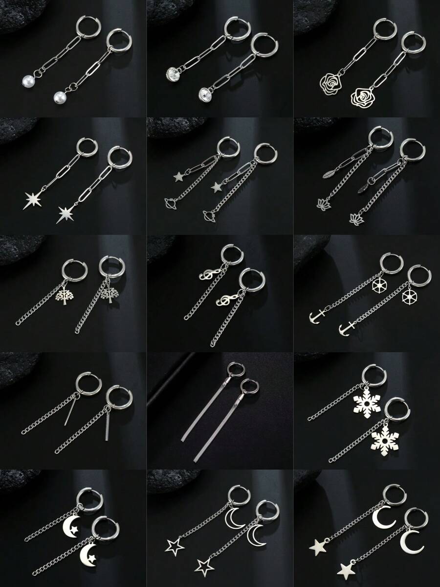 1對不鏽鋼人工珍珠、水晶鑲嵌、星星、月亮、鐵錨、雪花、音符、星球吊墜耳環，優雅迷人的女士聖誕禮物