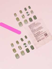 24入組長方形3D綠色蝴蝶結花裝飾假指甲及1入組指甲文件及1張指甲貼紙，按壓式人造指甲，提升您的造型，美甲用品